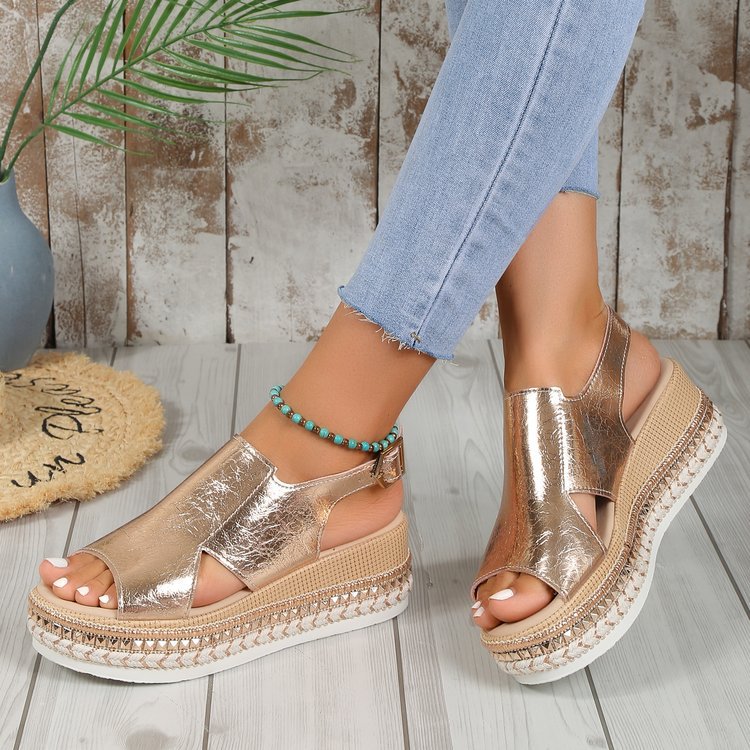 Summr Shiny Sandals Hollow Design Fish Mouth Sandal For Women Fashion Buckle Wedges Shoes Shoes & Bags