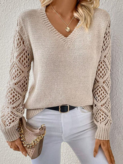 Openwork V-Neck Long Sleeve Sweater Dresses & Tops