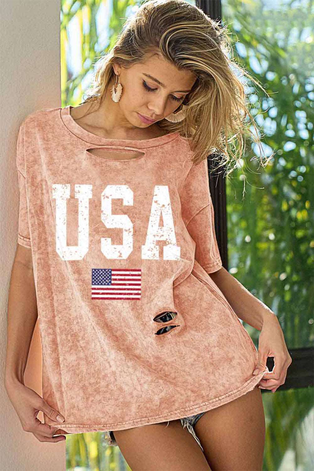 BiBi Washed American Flag Graphic Distressed T-Shirt apparel & accessories