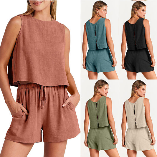 Women's Set Summer Sleeveless Tops And Drawstring Shorts Fashion Suit 2pcs apparel & accessories