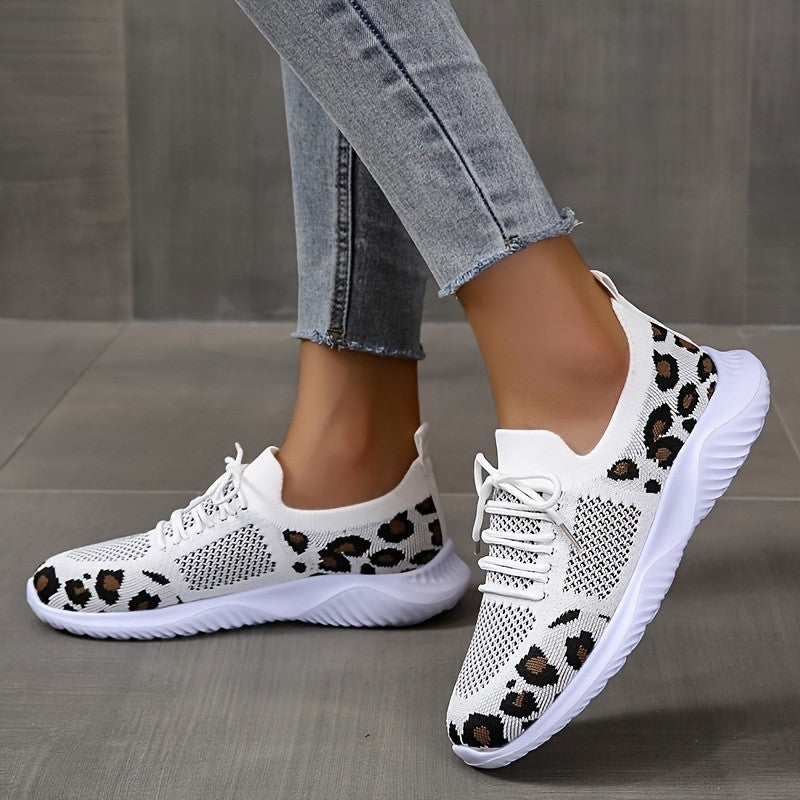 White Shoes Leopard Print Lace-up Sneakers Shoes & Bags