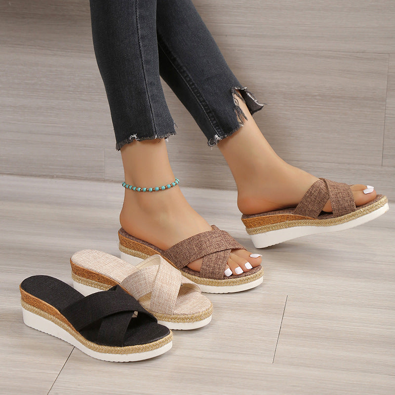 Women Hemp Wedge Sandals Platform Slippers Shoes & Bags