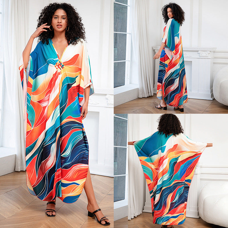 Print Holiday Loose Plus Size Robe Beach Cover-up Dress apparels & accessories