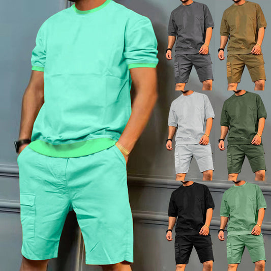 Men's Sports Suits Summer Round Neck Short-sleeved Top And Multi-pocket Shorts Casual Trendy 2pcs Set Clothing apparel & accessories