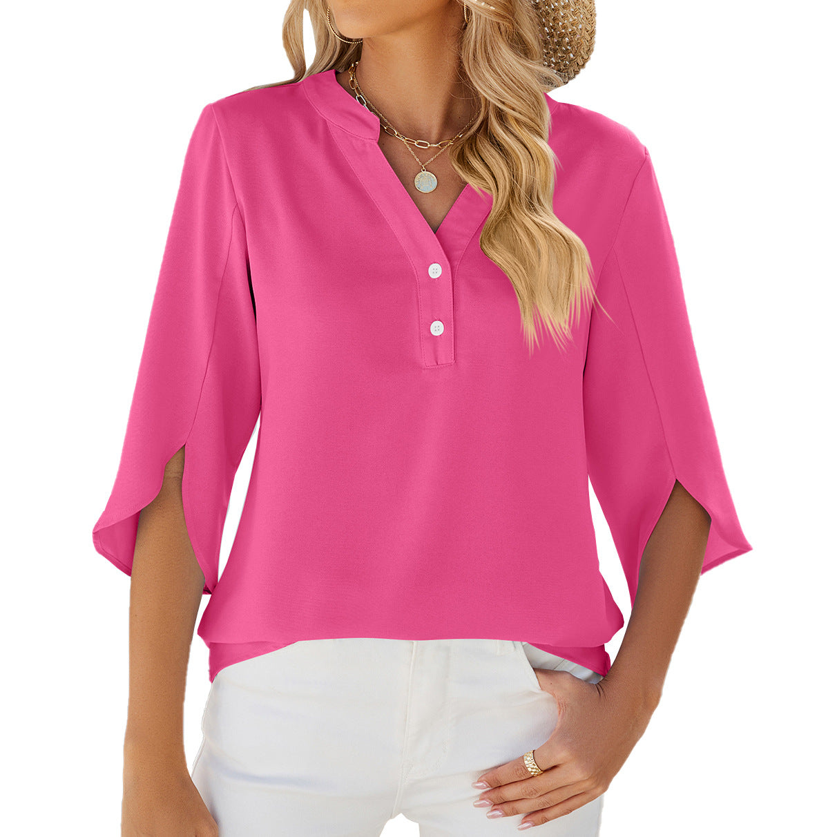 Button V-neck Mid-sleeve Chiffon Shirt Solid Color Top Womens Clothing apparel & accessories