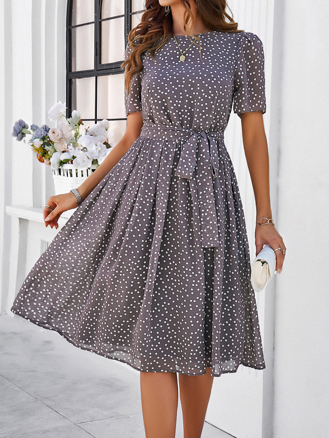 Printed Round Neck Short Sleeve Dress Dresses & Tops