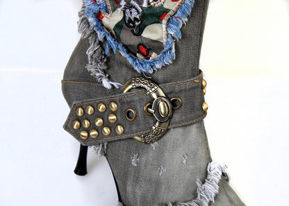 Women's String Beads High-heeled Denim Stiletto Heel Shoes & Bags