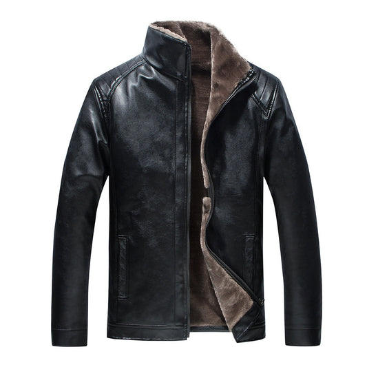 Men's Stand Collar Leather Jacket Plush Leisure apparels & accessories