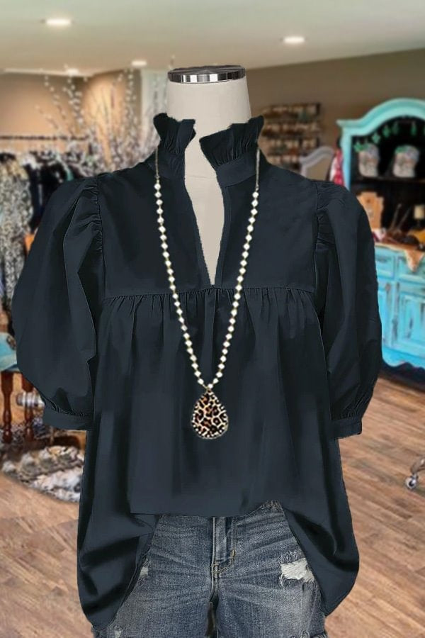 Full Size Ball Notched Half Sleeve Blouse apparel & accessories