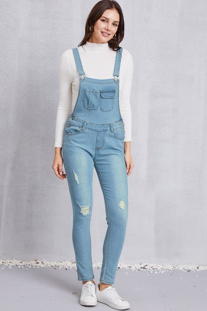 Distressed Washed Denim Overalls with Pockets Bottom wear