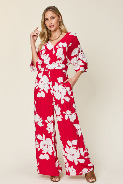 Double Take Full Size Printed Tie Back Wide Leg Jumpsuit apparel & accessories