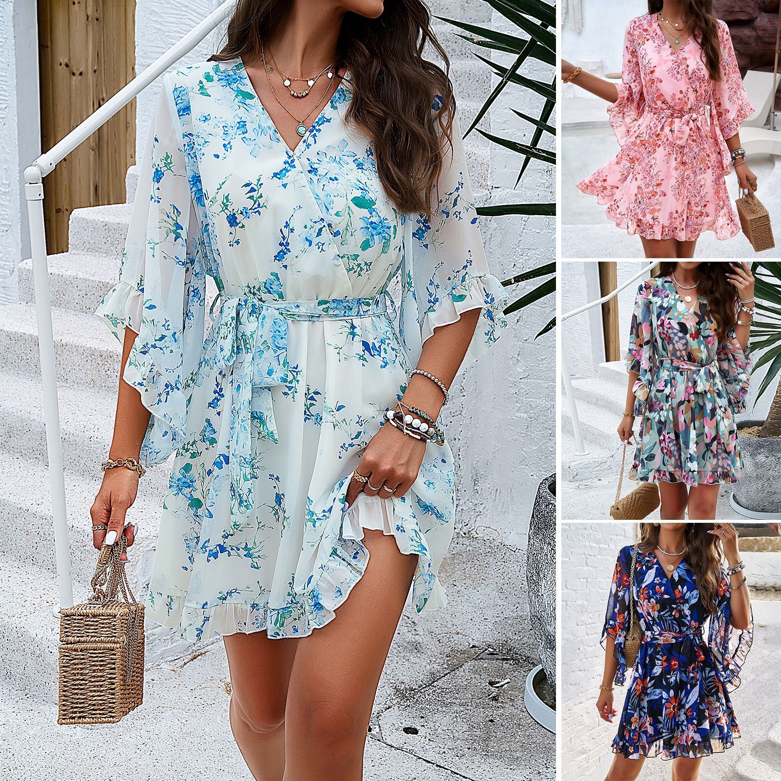 Summer Floral Print Short Sleeves Dress Lace Up Ruffles Design Fashion V-neck Short Dresses Womens Clothing apparel & accessories