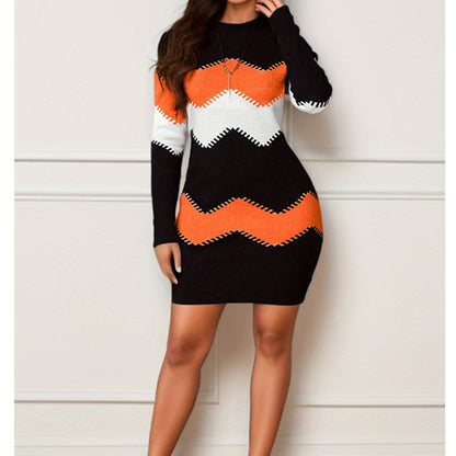 Mid-length Short Skirt Round Neck Long Sleeve Printed Knitted Sheath Dress apparel & accessories