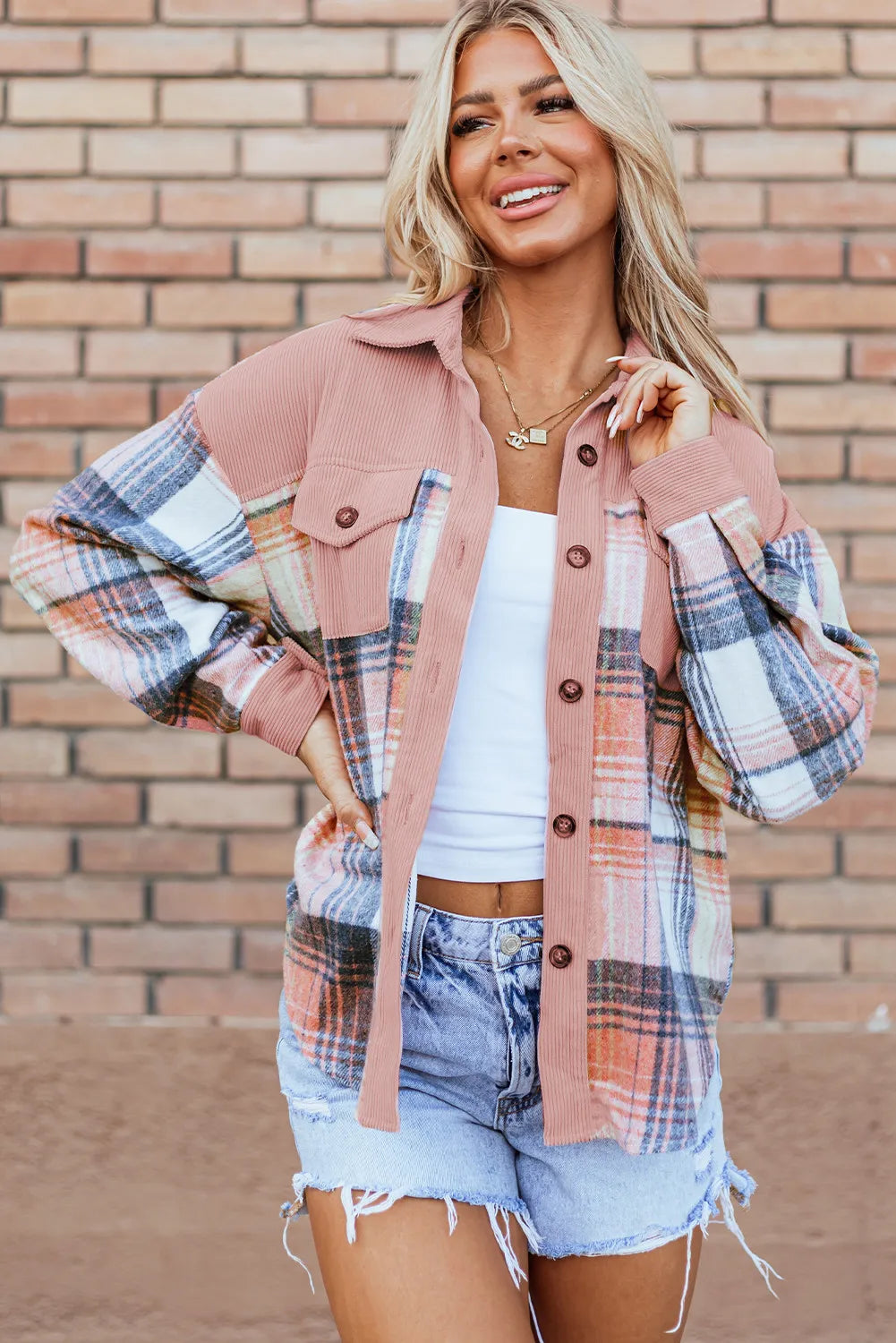 Plaid Button Up Long Sleeve Shacket Dresses & Tops