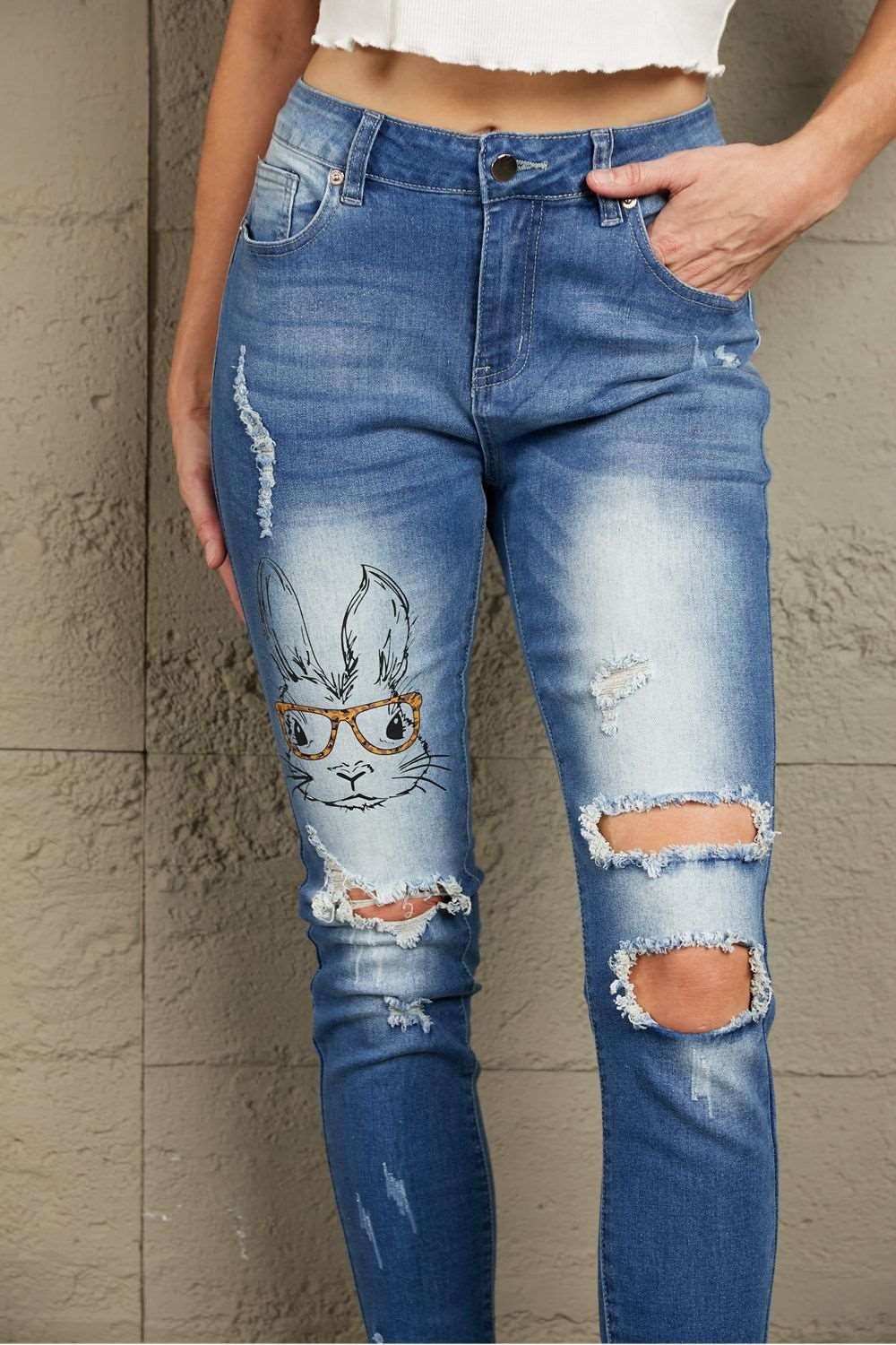 Baeful Easter Distressed Frayed Hem Jeans apparel & accessories