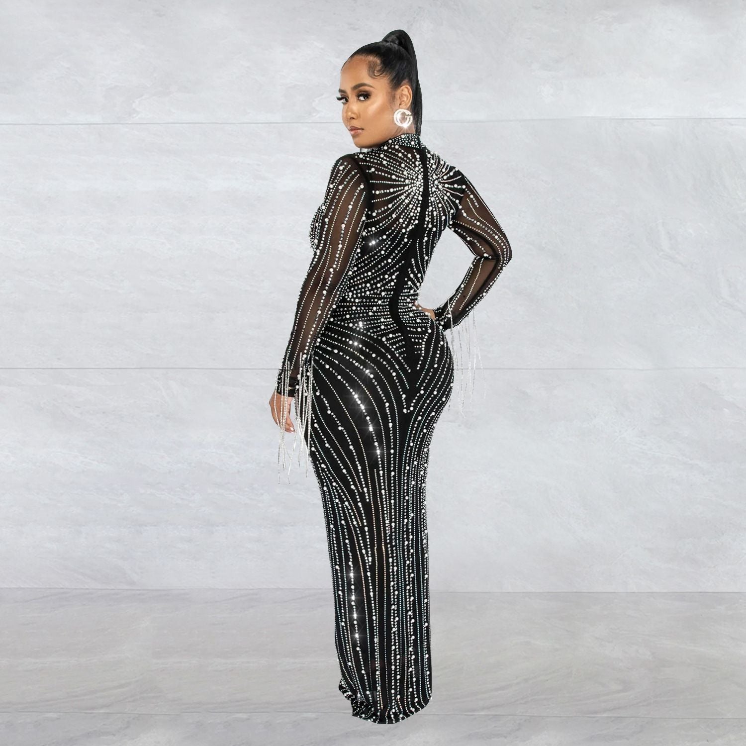 Women's Mesh Rhinestone Long Dress apparel & accessories