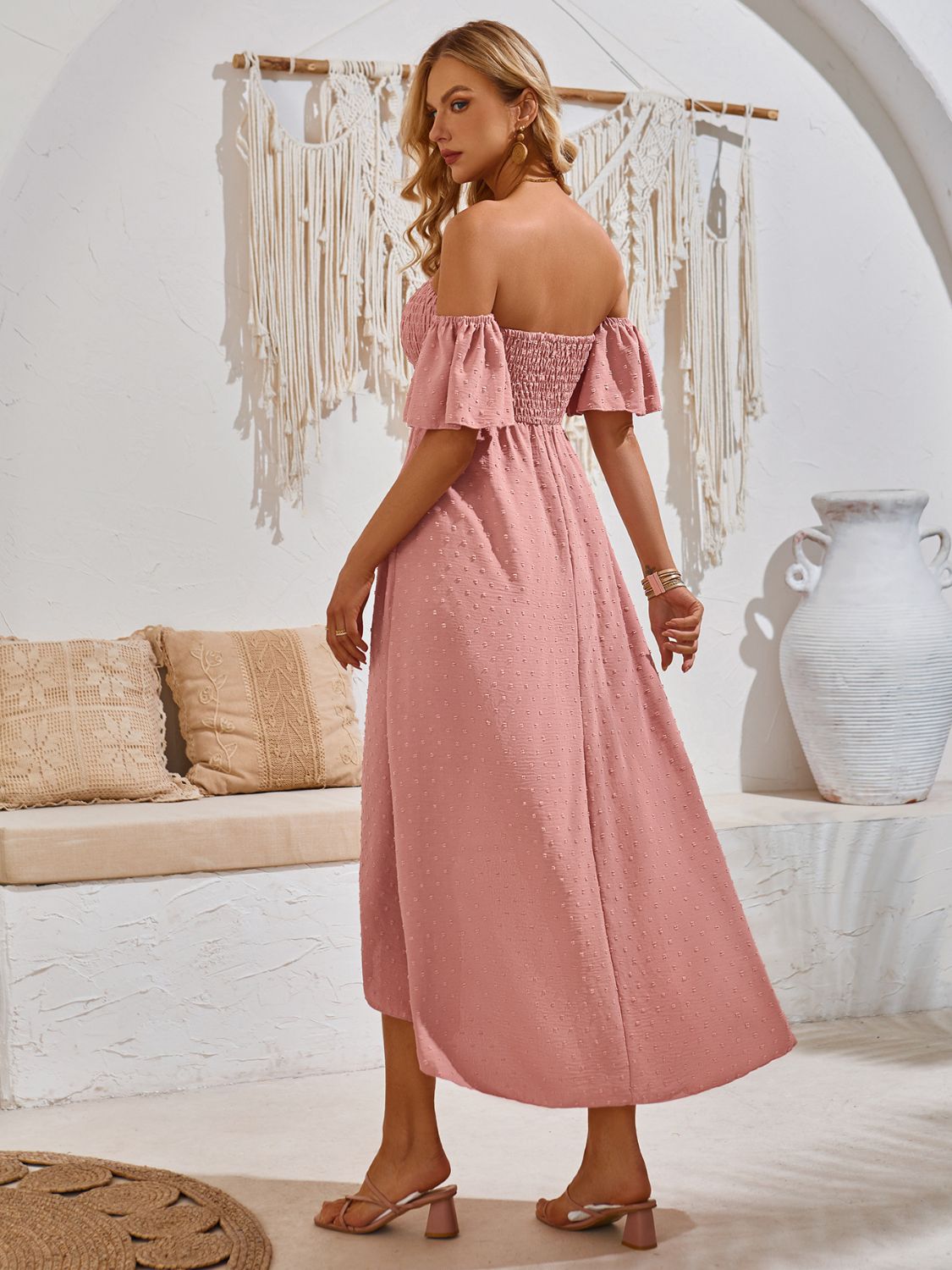 High-Low Smocked Short Sleeve Midi Dress Dresses & Tops