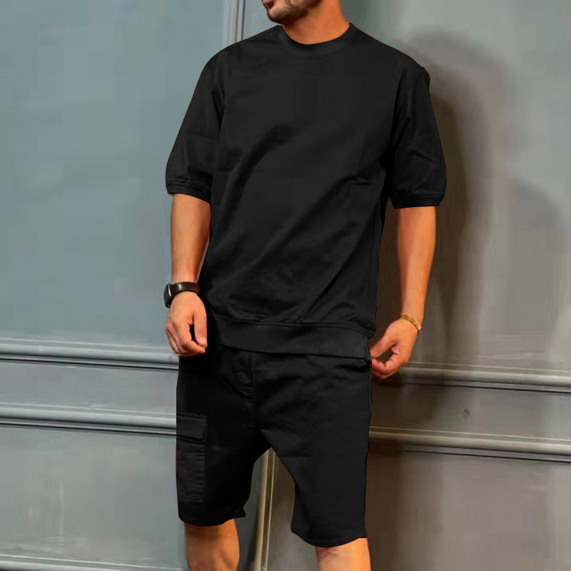 Men's Sports Suits Summer Round Neck Short-sleeved Top And Multi-pocket Shorts Casual Trendy 2pcs Set Clothing apparel & accessories