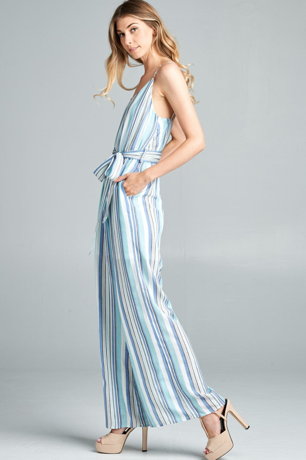 Cotton Bleu by Nu Label Tie Front Striped Sleeveless Jumpsuit Dresses & Tops