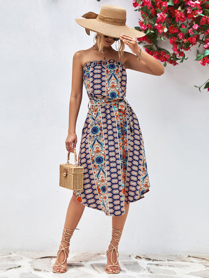 Printed Strapless Tie Belt Dress apparel & accessories