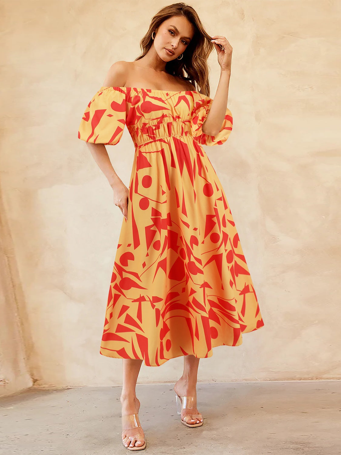 Printed Off-Shoulder Balloon Sleeve Dress apparel & accessories