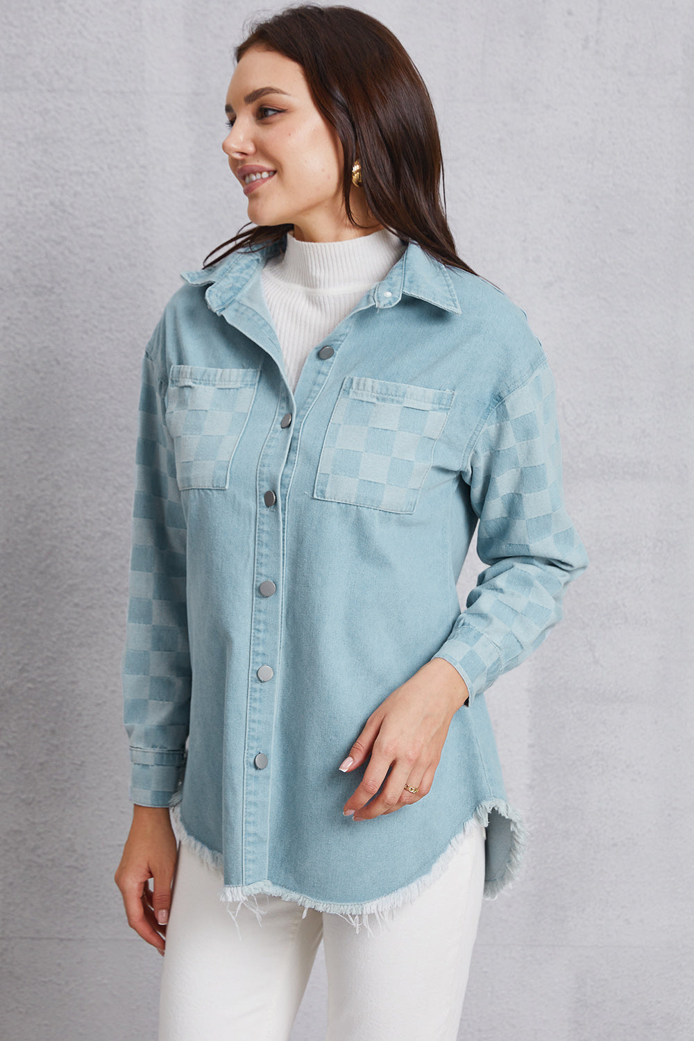 Raw Hem Checkered Dropped Shoulder Denim Jacket Dresses & Tops