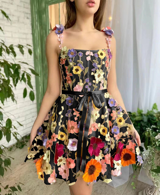 Three-dimensional Flower Embroidery Dress Summer Fashion Sweet A-line Suspender Dresses For Womens Clothing apparel & accessories