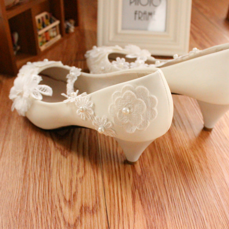 White Large Lace Low Heel Wedding Dress 3D Flower Women's Shoes Shoes & Bags