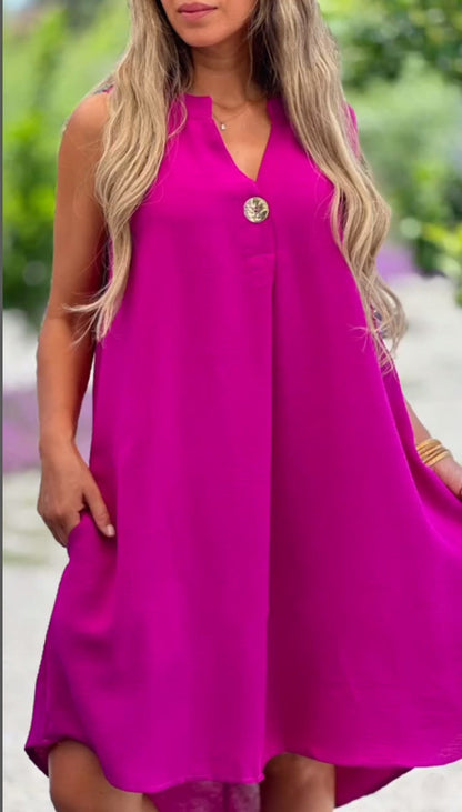 Summer V-neck Sleeveless Dress With Button Decoration Solid Color Casual Loose Straight Dresses Womens Clothing apparel & accessories