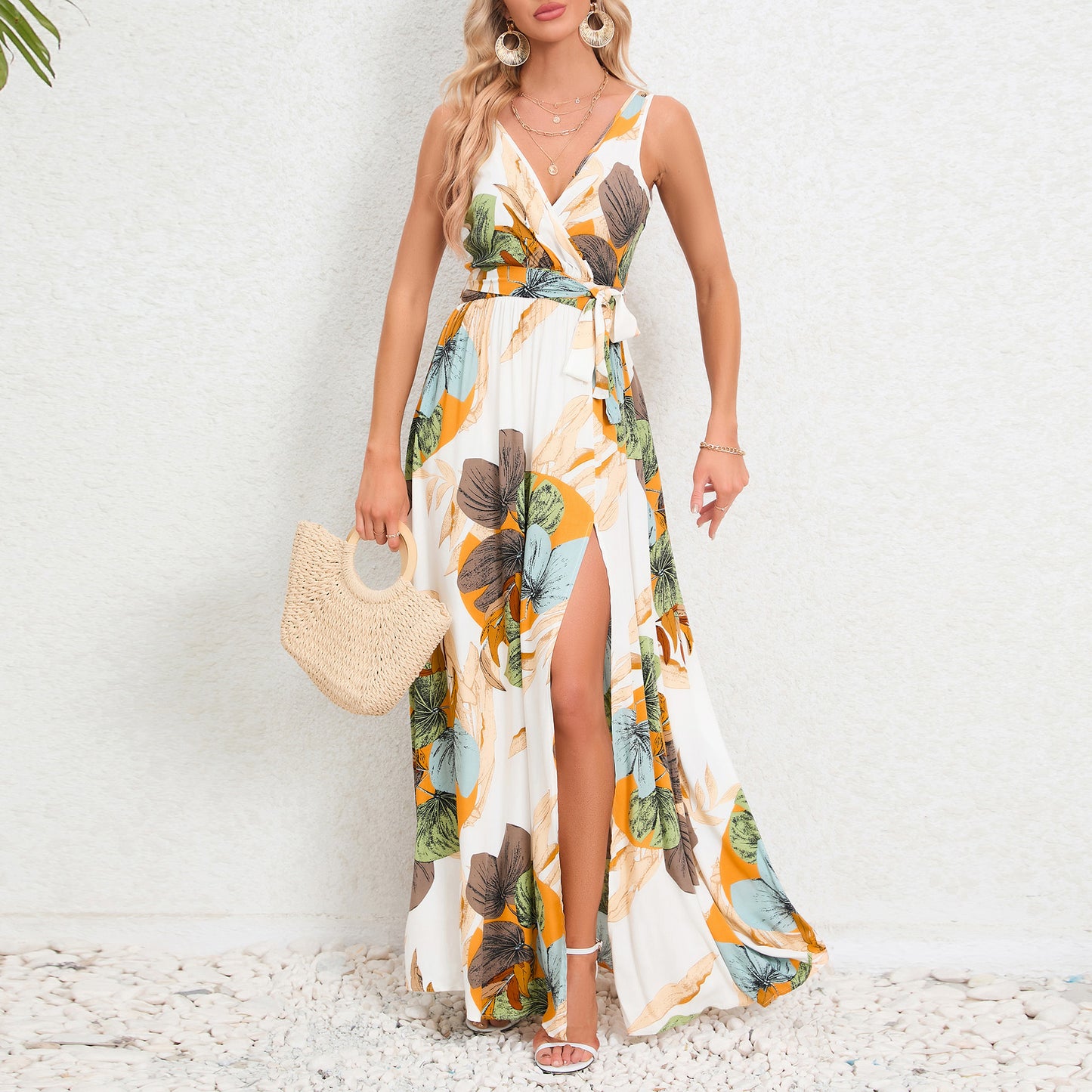 V-neck Floral Print Long Dress Summer Fashion Waist Tie Slit Design Sleeveless Dress For Womens Clothing apparel & accessories