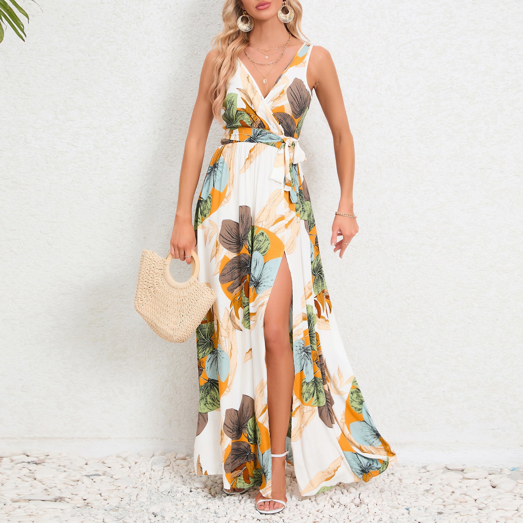 V-neck Floral Print Long Dress Tie Slit Design apparel & accessories