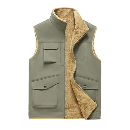 Multi-Pocket Workwear Vest Stand Collar Thin Velvet Vest apparels & accessories