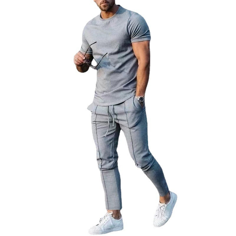 Solid Color Casual Round Neck Short Sleeves T-shirt Trousers Two-piece Set apparel & accessories