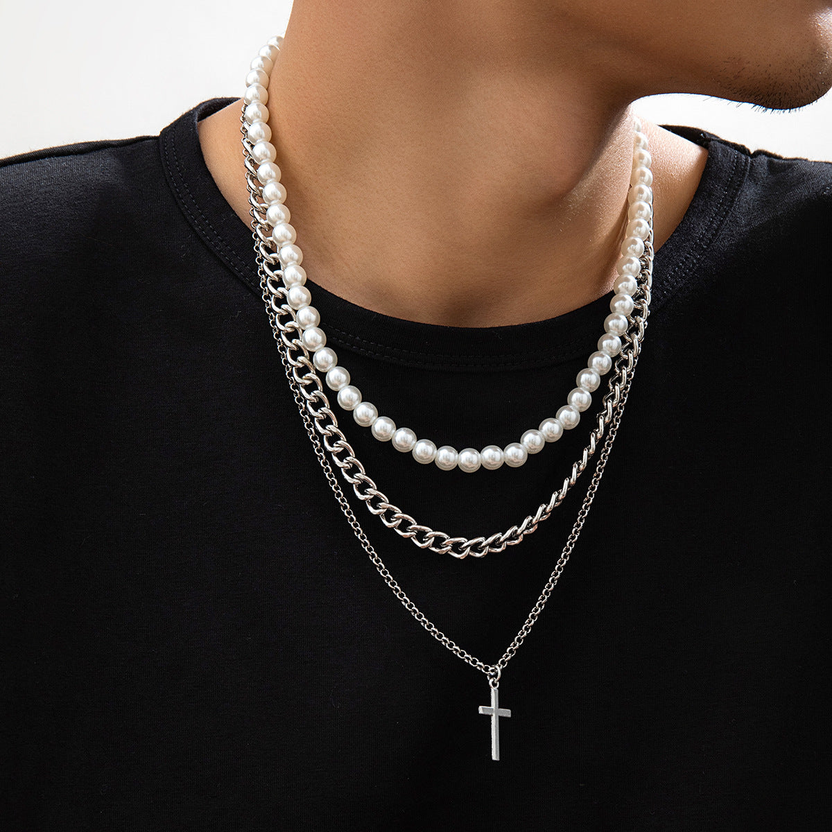 European Hip Hop Hipster Pearl Cross Necklace Jewelry