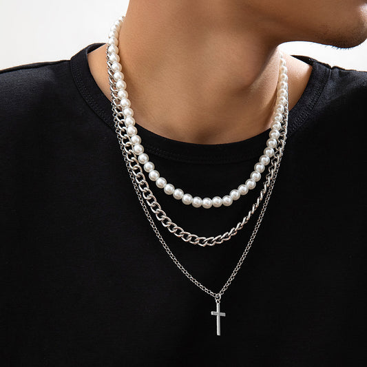 European Hip Hop Hipster Pearl Cross Necklace Jewelry