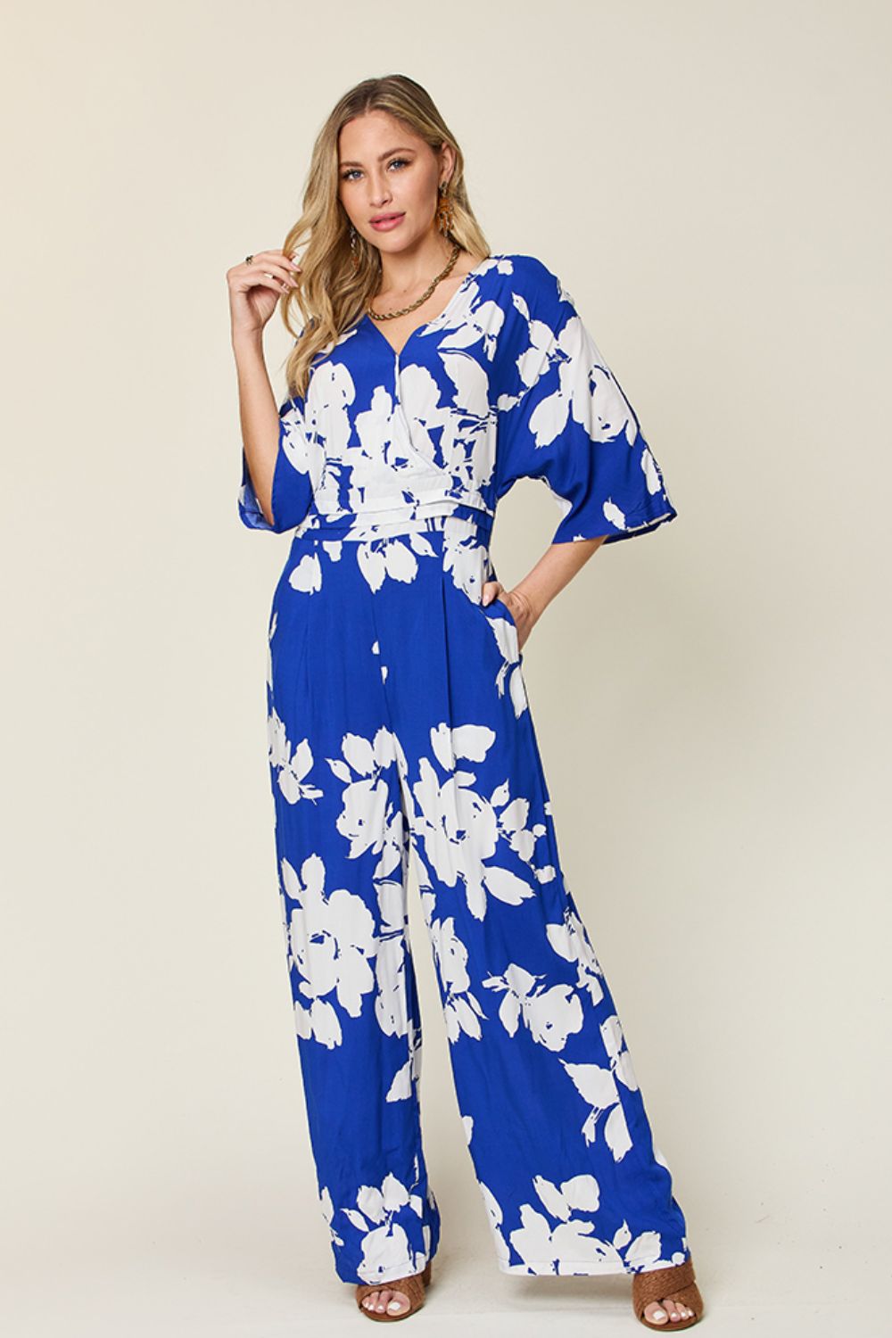 Double Take Full Size Printed Tie Back Wide Leg Jumpsuit apparel & accessories