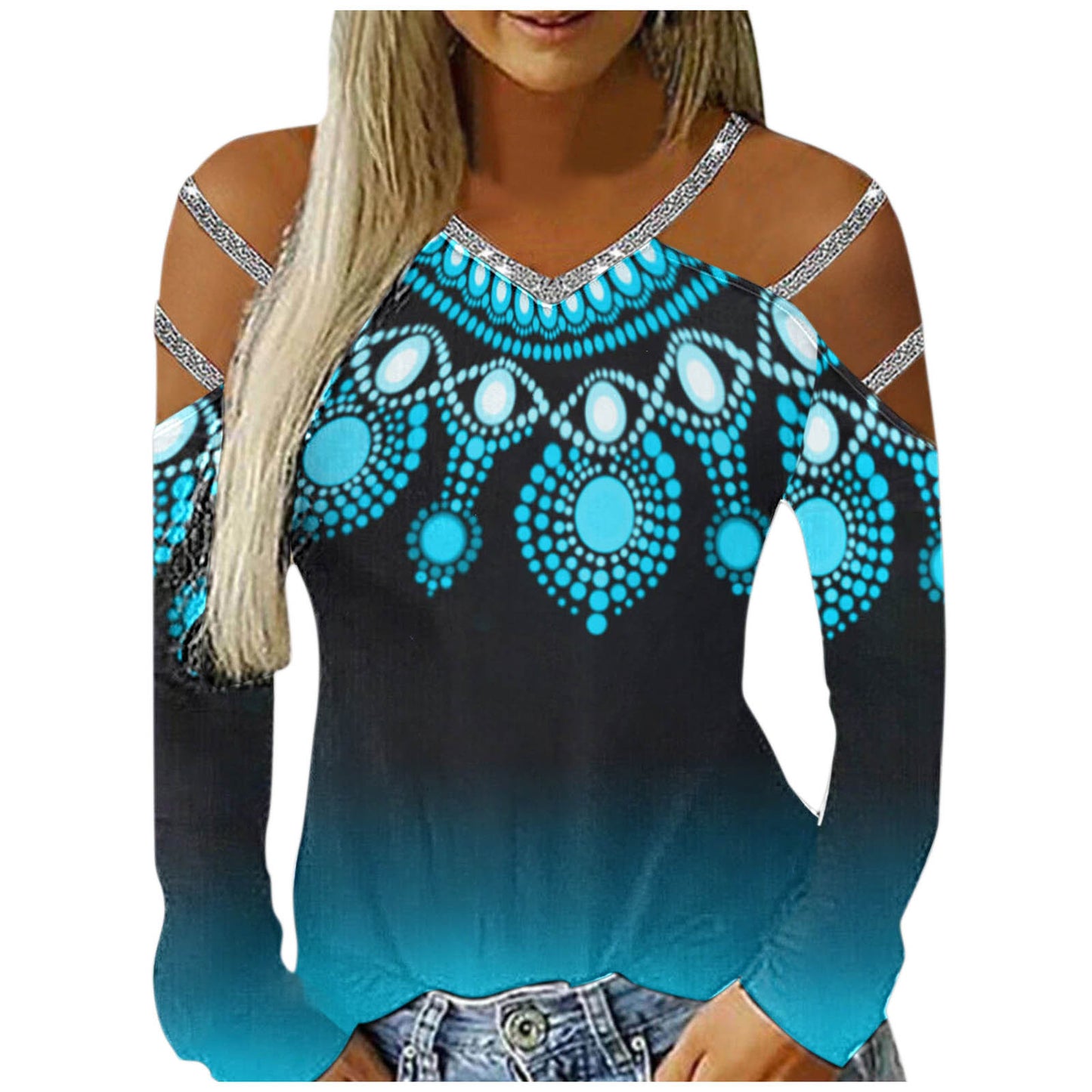 Ladies Casual V-Neck Printed Cutout Off Shoulder Long Sleeve T-Shirt apparels & accessories