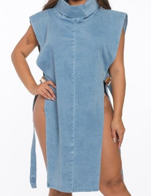 Denim Washed High Collar Dress Women apparels & accessories