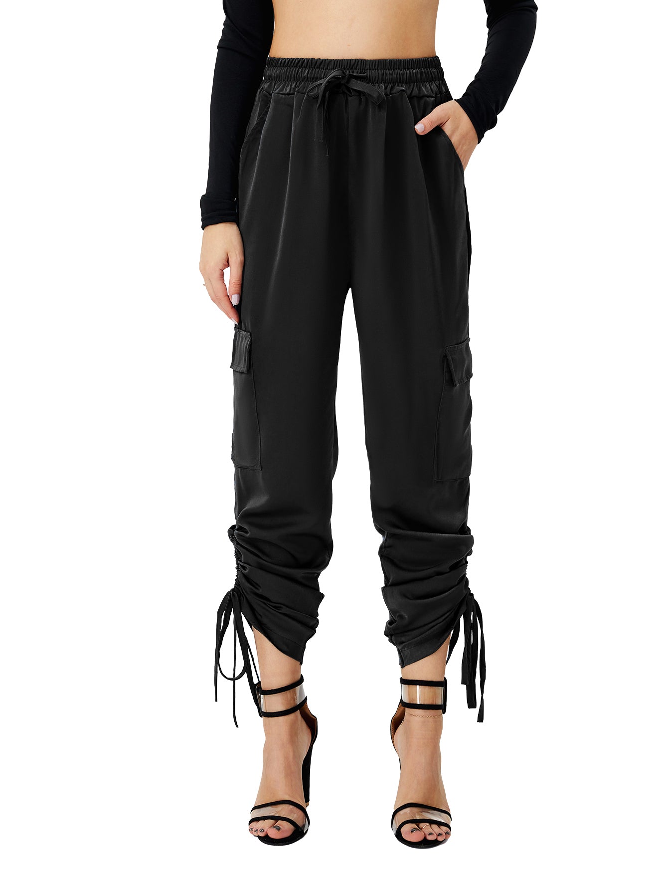 Women's Satin Jogger Pants Casual High Waist Long Lounge Pant Trousers With Pockets 0