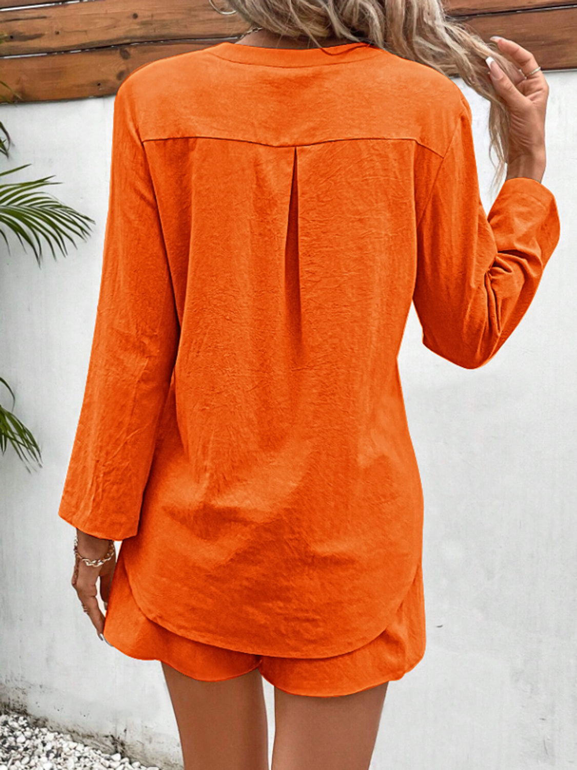 Notched Long Sleeve Top and Shorts Set apparel & accessories
