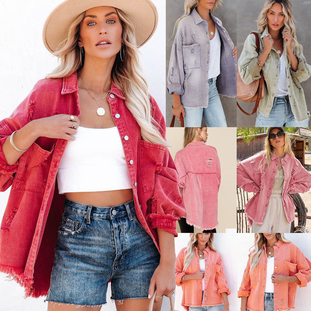 Women's Mid-length Raw Hem Ripped Denim Coat apparel & accessories