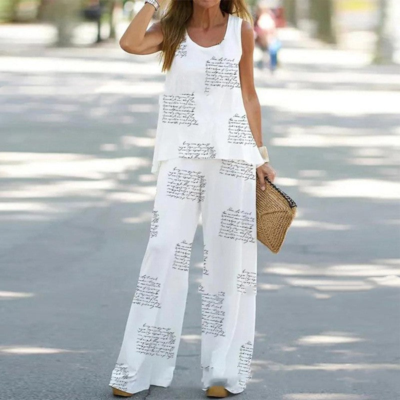 Printed Sleeveless Top And Straight Pants Two-piece Set apparels & accessories