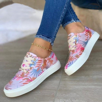 Canvas Shoes For Women Lace-Up Flats Leaves Print Shoes & Bags