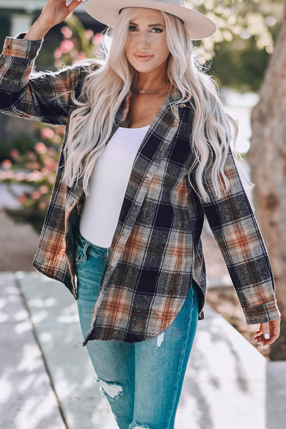 Double Take Plaid Side Slit Curved Hem Shirt Dresses & Tops