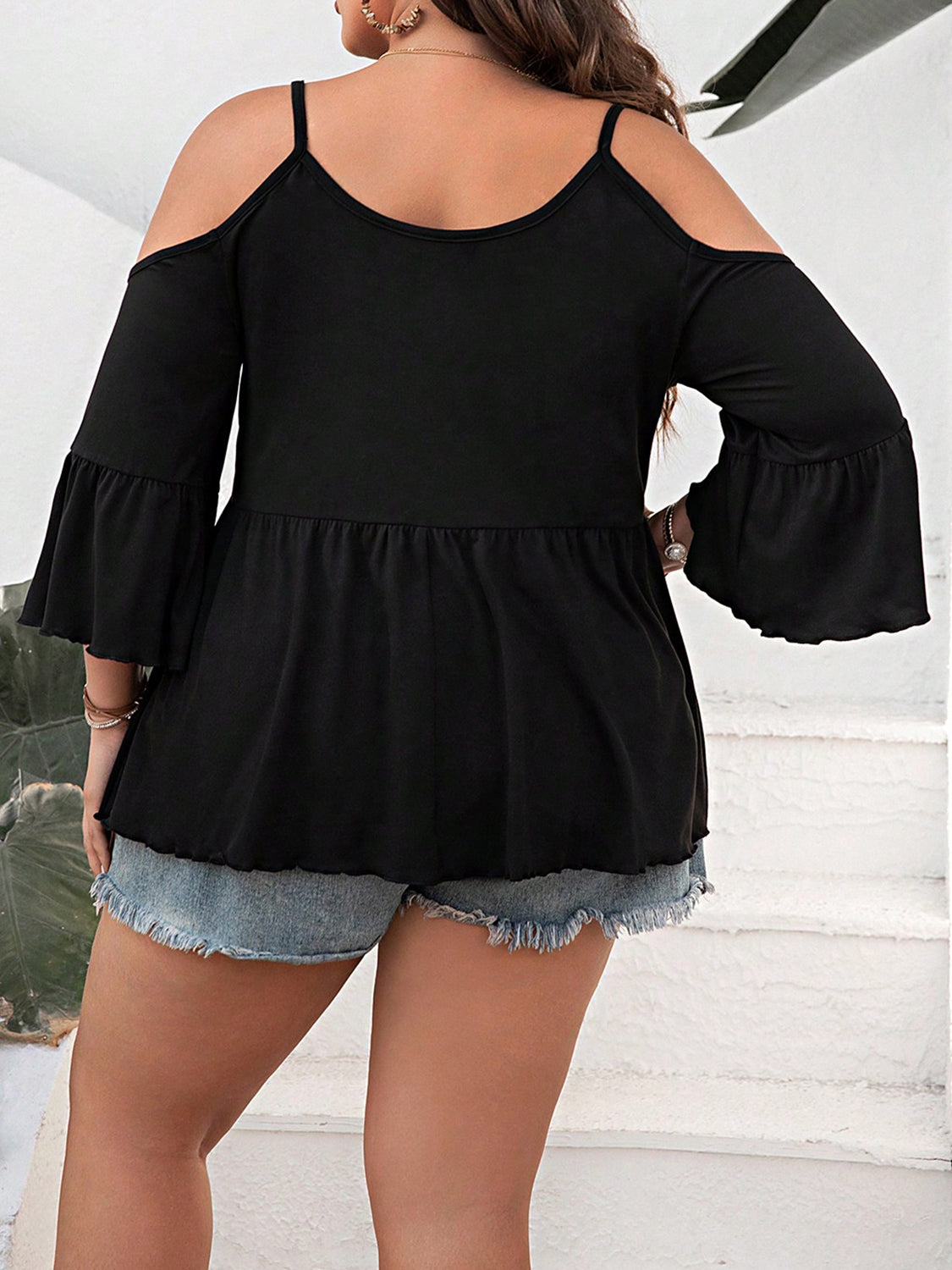 Plus Size Cold Shoulder Flounce Sleeve Blouse Dresses & Tops