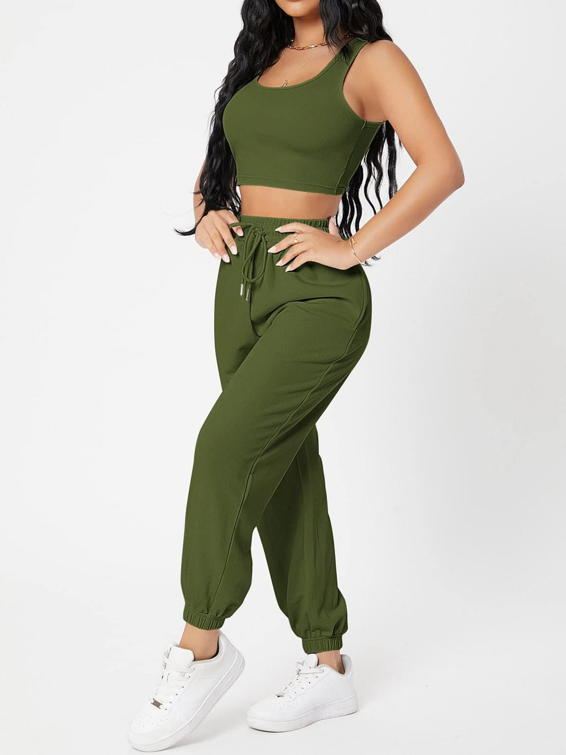 Wide Strap Top and Drawstring Joggers Set Bottom wear