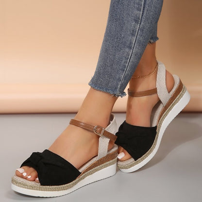 Thick-soled Bow Sandals Summer Fashion Casual Linen Buckle Wedges Shoes For Women Shoes & Bags