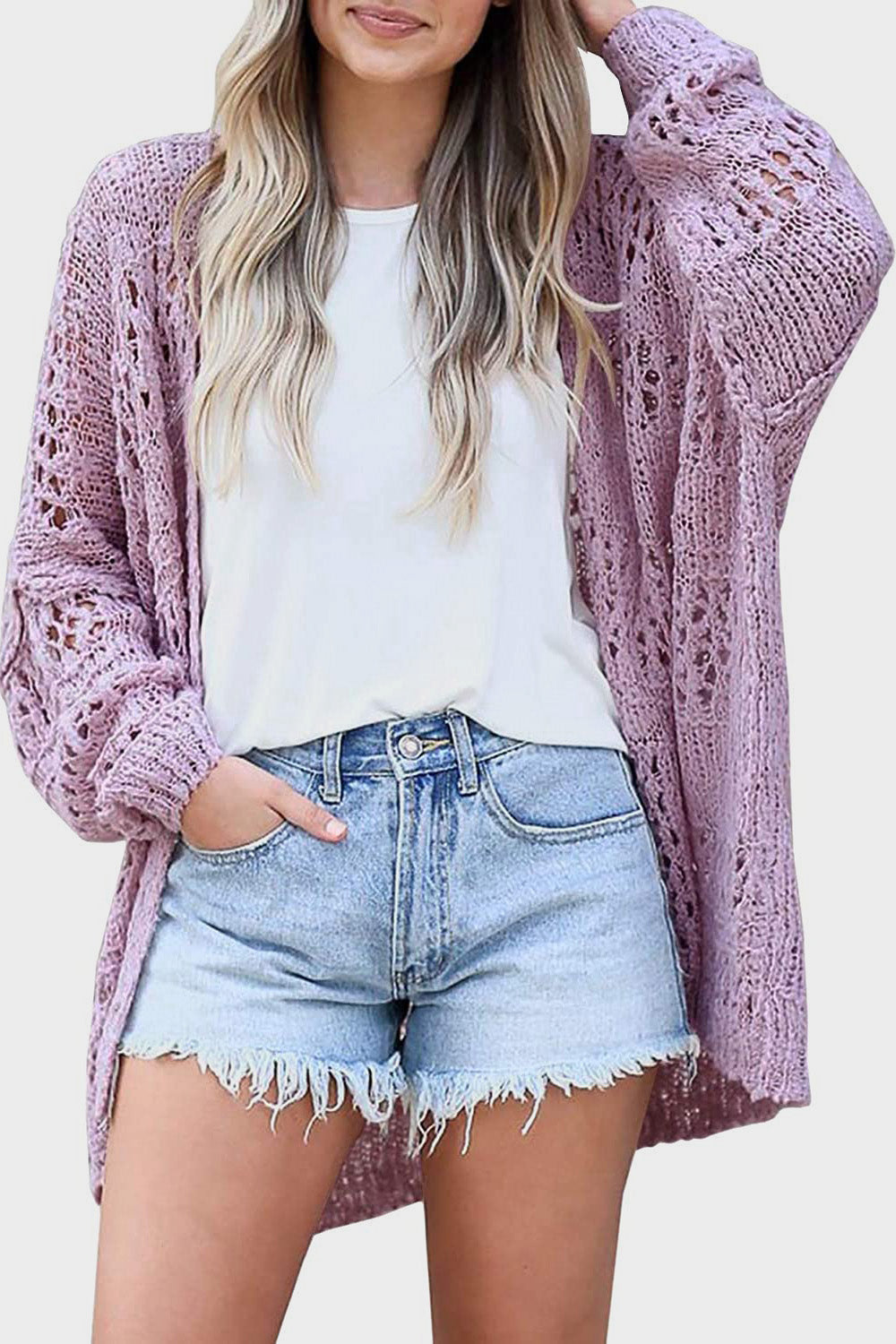 Openwork Open Front Long Sleeve Cardigan apparel & accessories