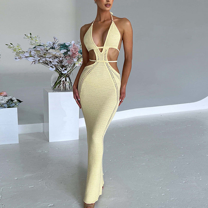 Sexy Backless Halter Long Dress V-neck Hollow Splicing Package Hip Skirt apparel & accessories