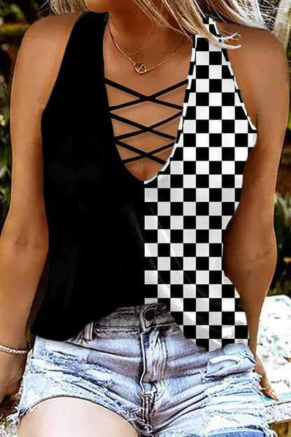 Crisscross Checkered Wide Strap Tank Dresses & Tops